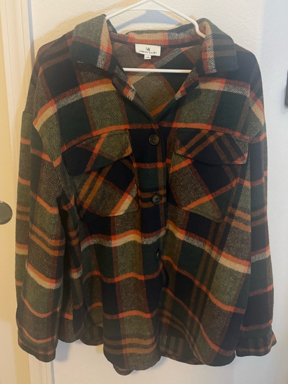 Urban Daizy Plaid Button-Up Shirt Jacket in Green, Black & Orange